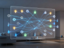 Glowing smart home icons connected to a dashboard