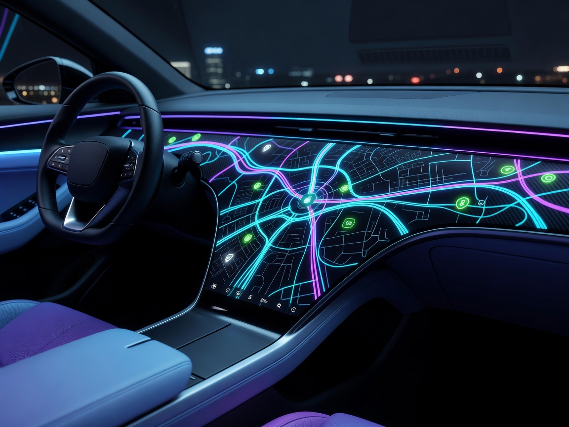 Neon glowing map interface on an EV dashboard